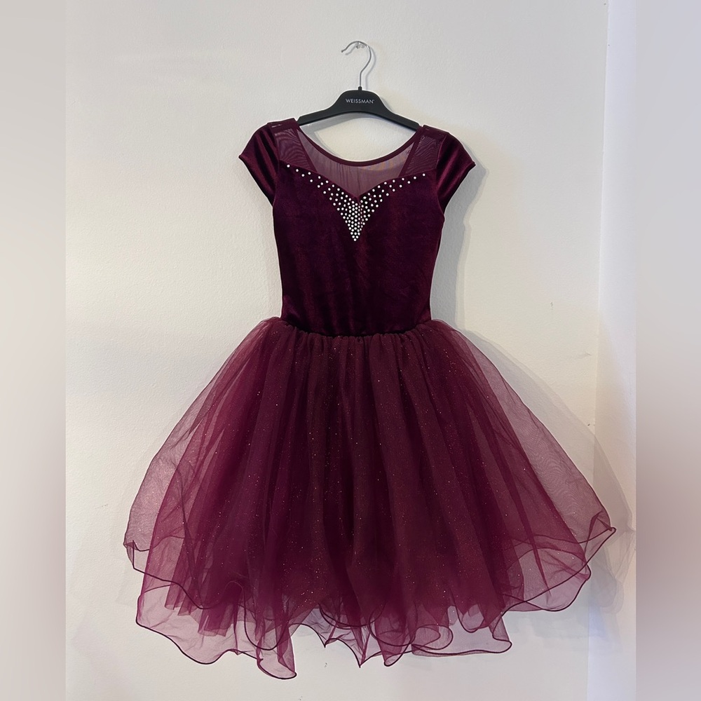 Ballet Burgundy Tulle Dress with Rhinestone Detail